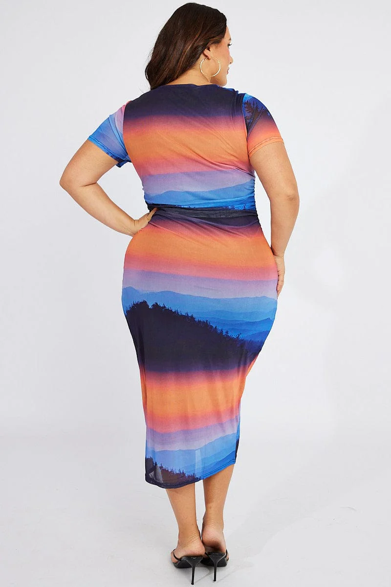 Multi Abstract Bodycon T-shirt Landscape Midi Dress - Image 5