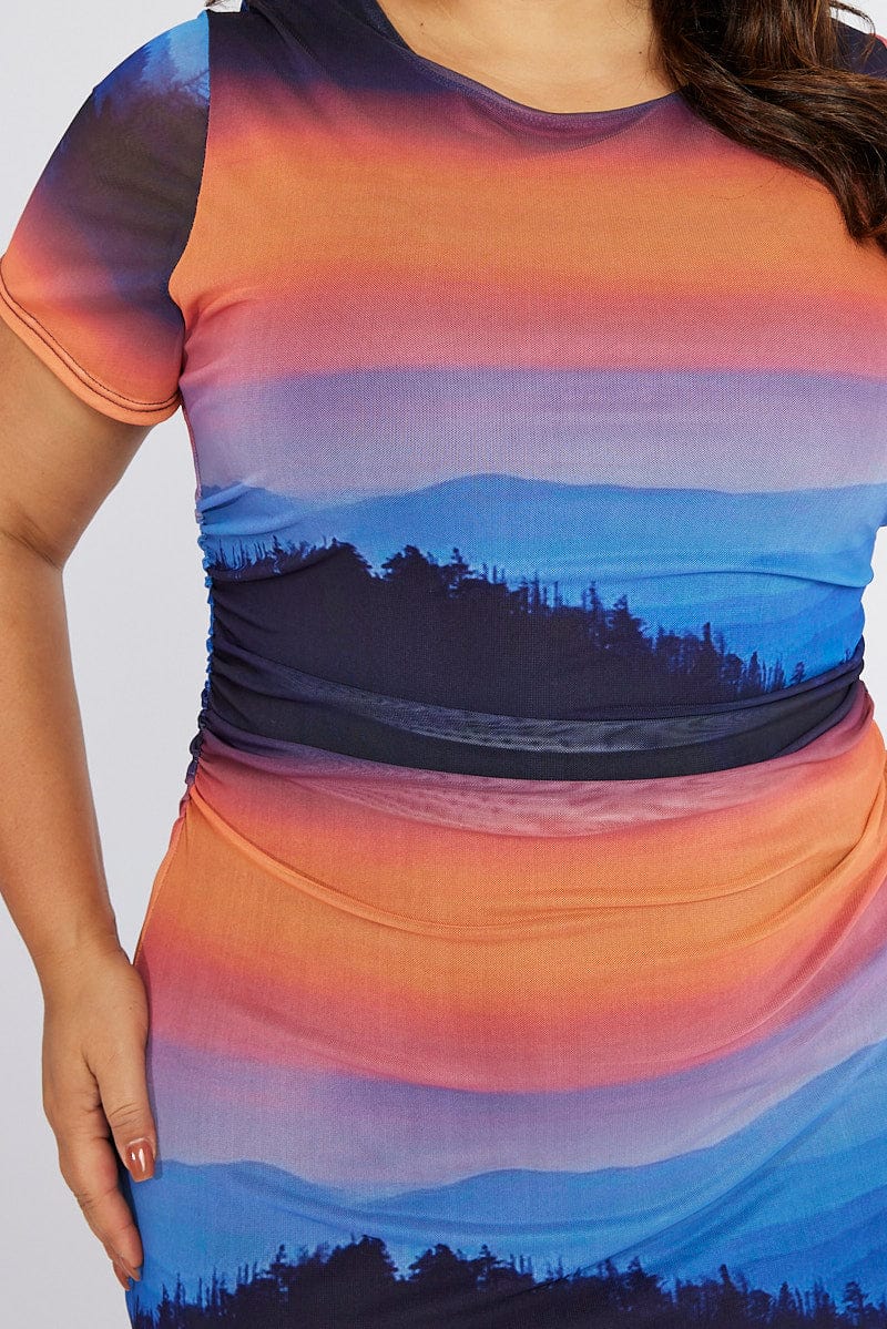 Multi Abstract Bodycon T-shirt Landscape Midi Dress - Image 6