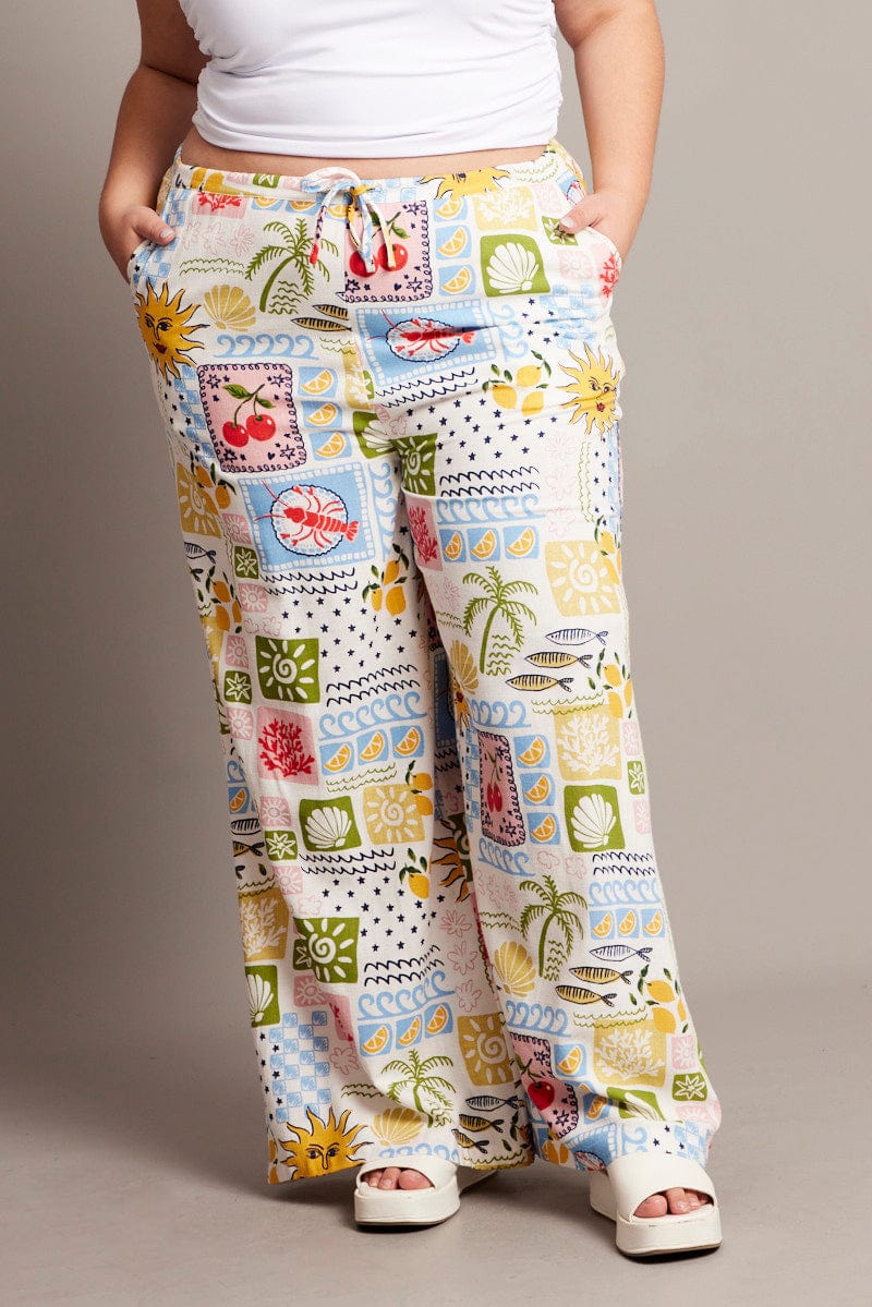 Multi Abstract Drawstring Waist Linen Blend Pants - Image 2