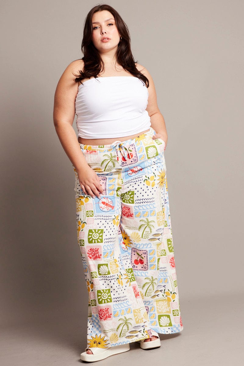 Multi Abstract Drawstring Waist Linen Blend Pants - Image 3