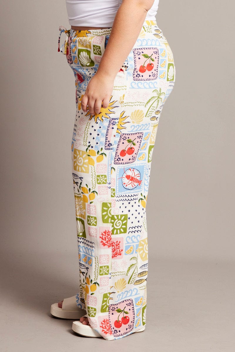 Multi Abstract Drawstring Waist Linen Blend Pants - Image 4