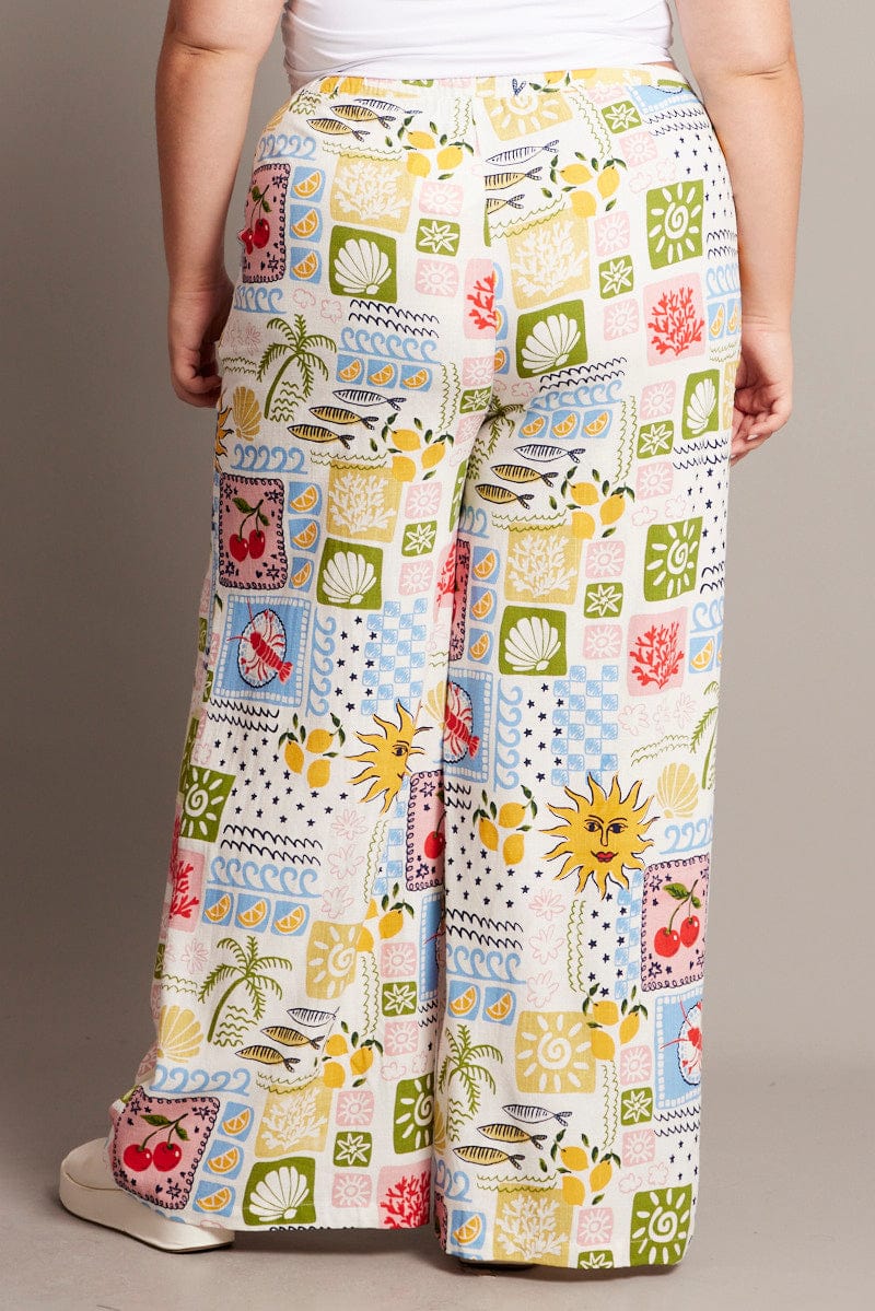 Multi Abstract Drawstring Waist Linen Blend Pants - Image 5