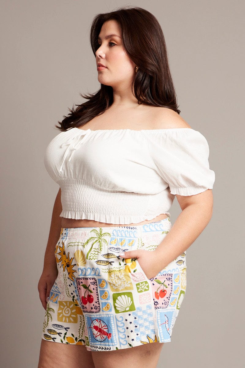 Multi Abstract Elastic Waist Linen Blend Shorts - Image 4