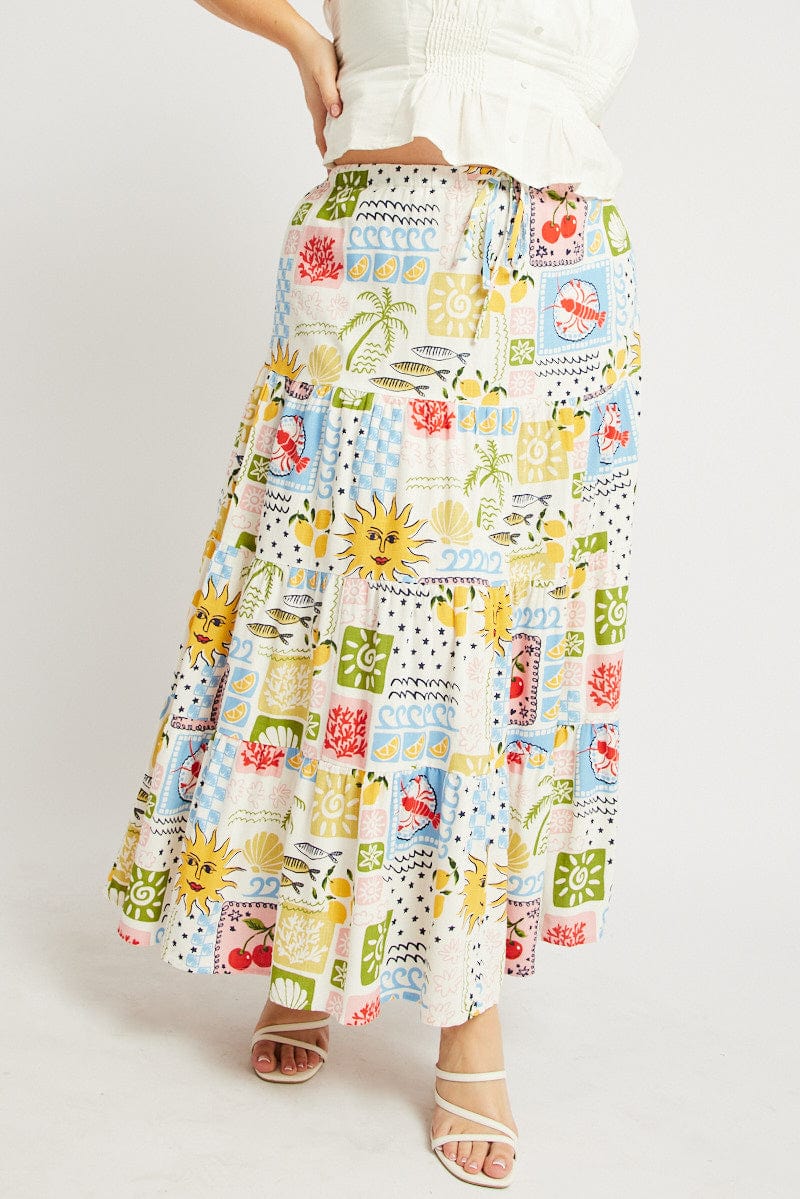 Multi Abstract Elastic Waist Linen Blend Tiered Maxiskirt - Image 2