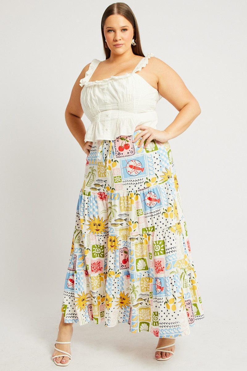 Multi Abstract Elastic Waist Linen Blend Tiered Maxiskirt - Image 3