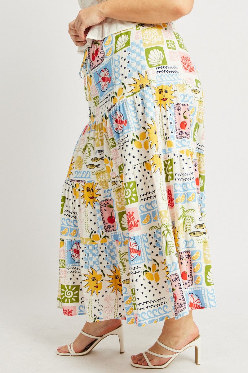 Multi Abstract Elastic Waist Linen Blend Tiered Maxiskirt - Image 4
