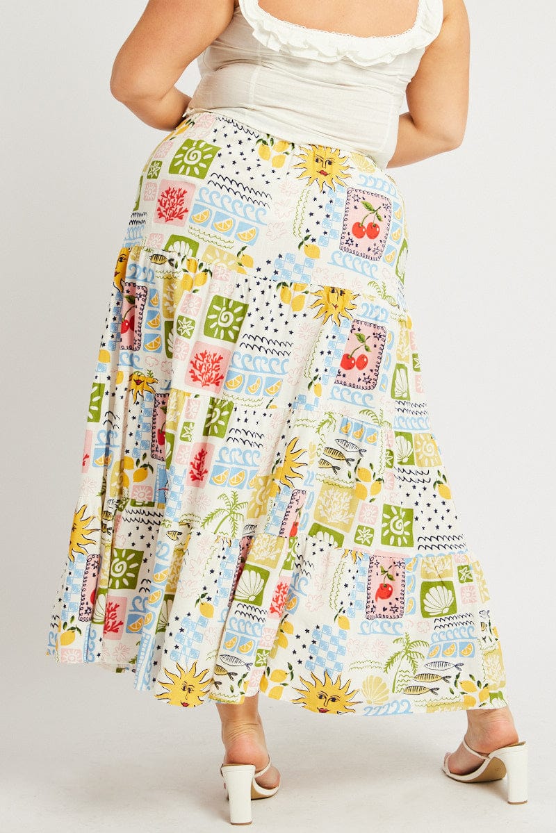 Multi Abstract Elastic Waist Linen Blend Tiered Maxiskirt - Image 5