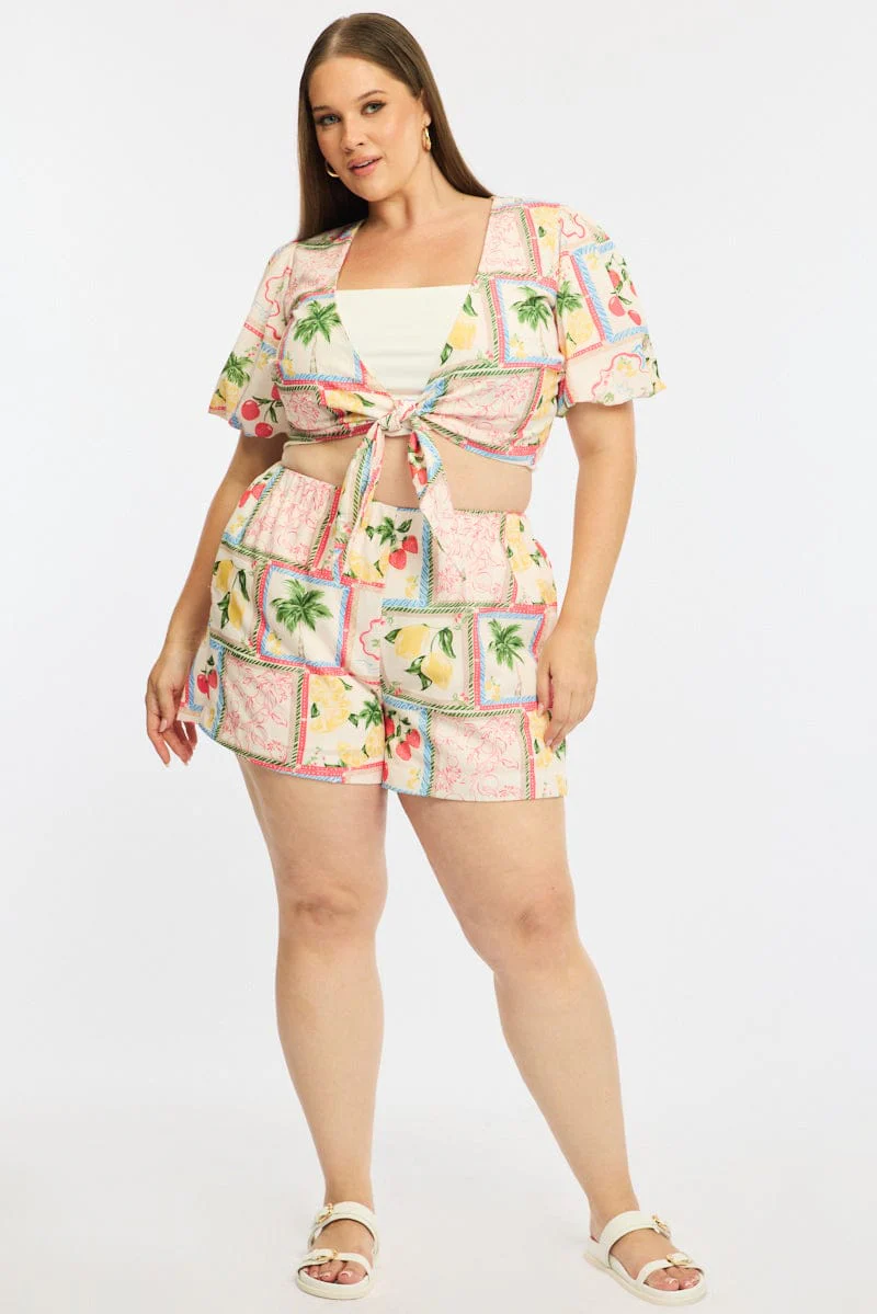 Multi Abstract Elastic Waist Shorts - Image 4