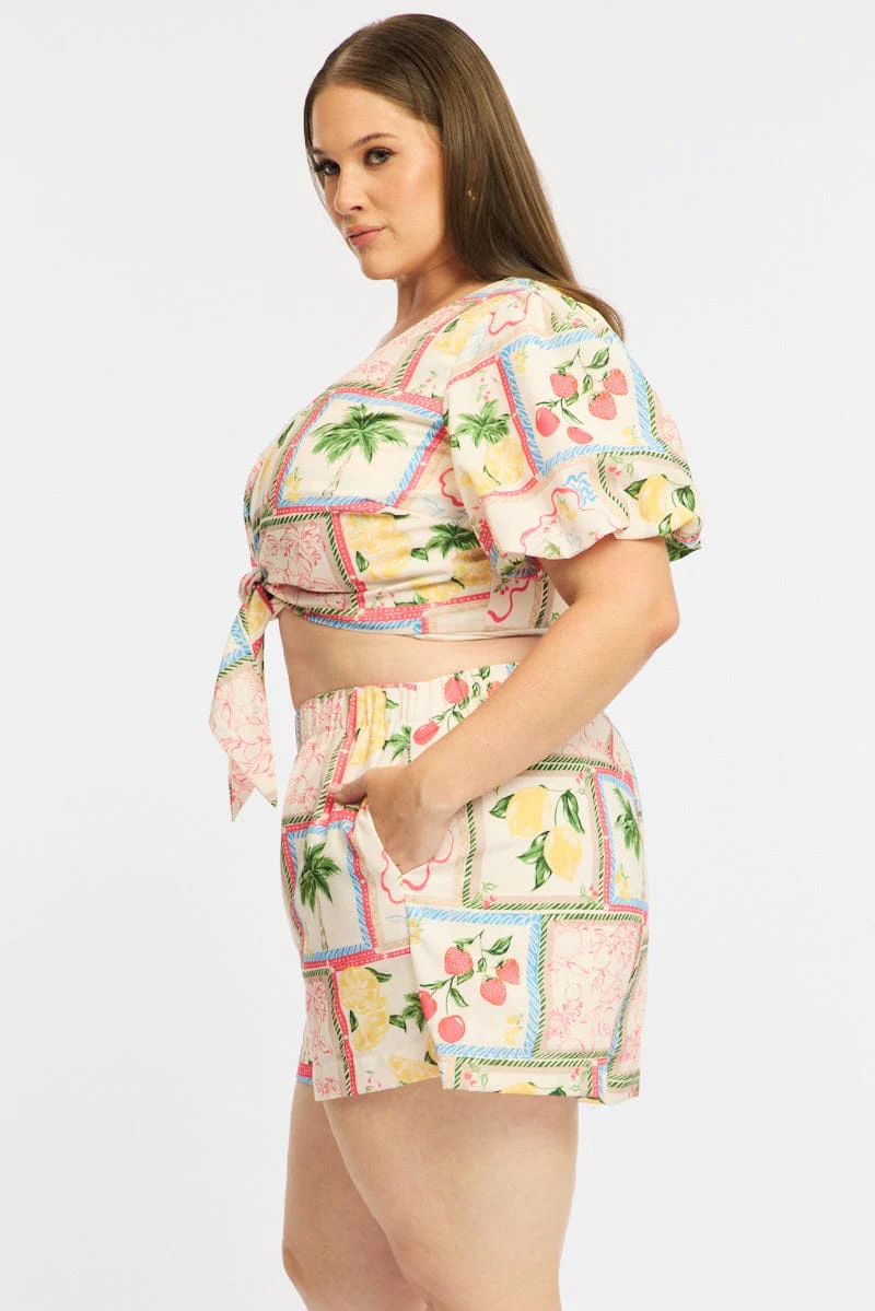 Multi Abstract Elastic Waist Shorts - Image 5