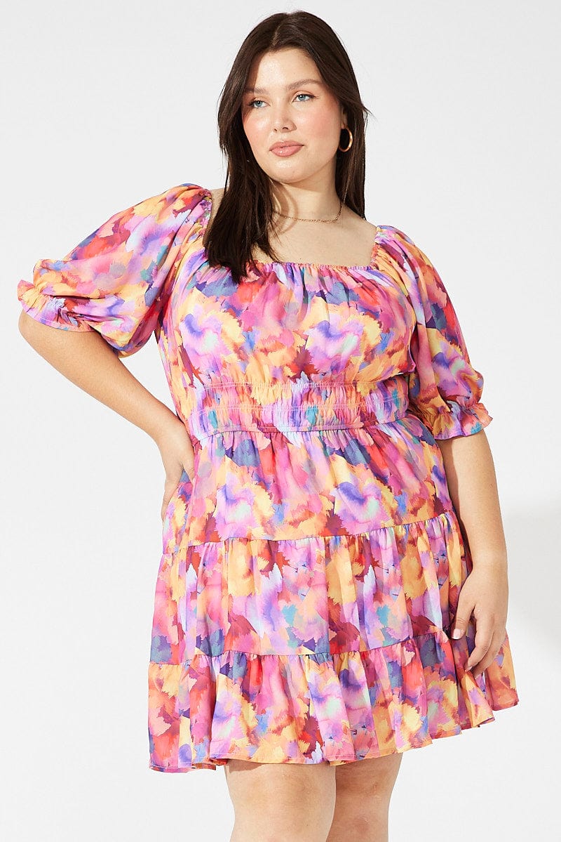 Multi Abstract Gather Detail Minidress - Image 2