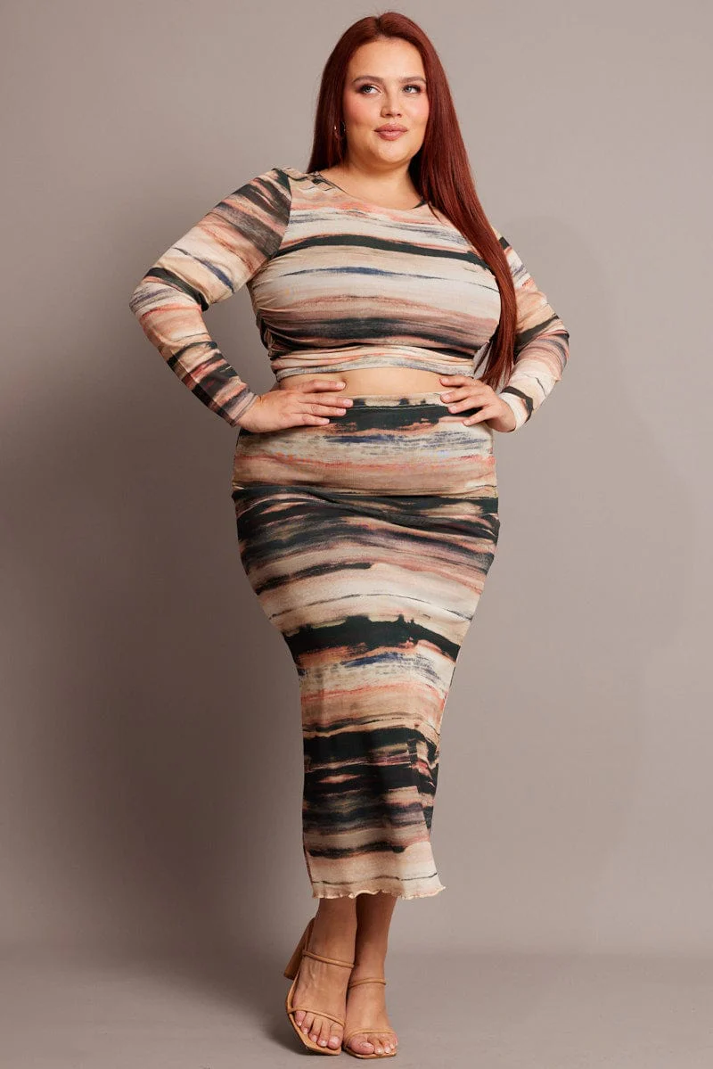 Multi Abstract Mesh Bodycon Landscape Skirt - Image 2