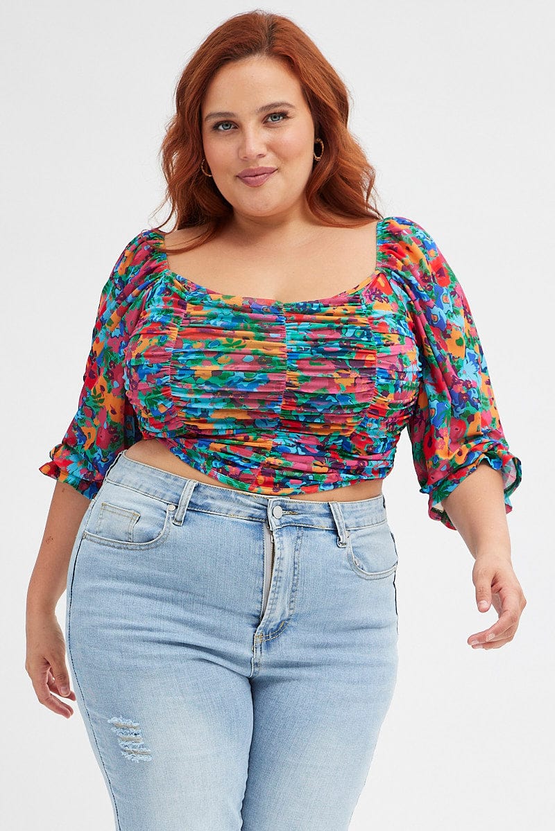 Multi Abstract Mesh Long Sleeve Corset Top - Image 3