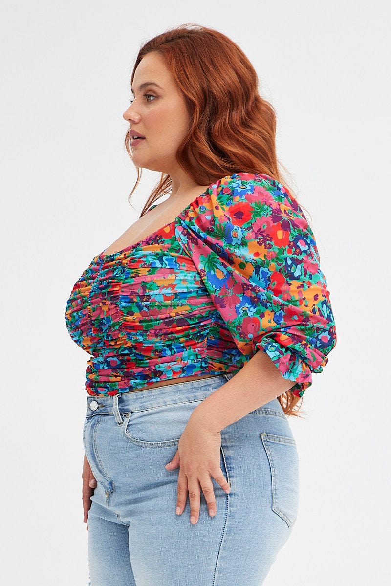 Multi Abstract Mesh Long Sleeve Corset Top - Image 4