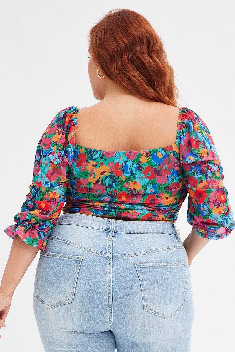 Multi Abstract Mesh Long Sleeve Corset Top - Image 5