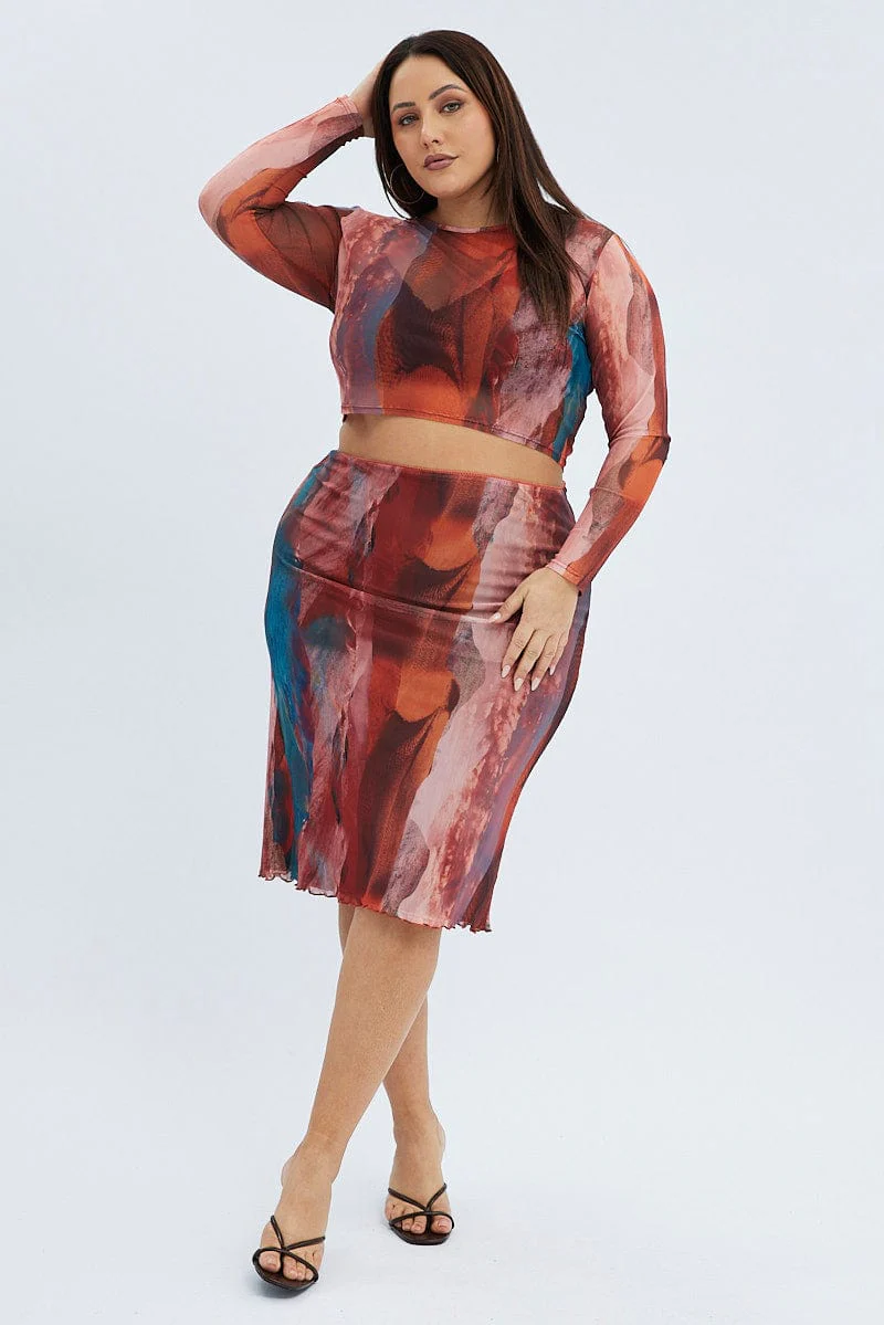 Multi Abstract Mesh Top Long Sleeve Landscape Round Neck - Image 3