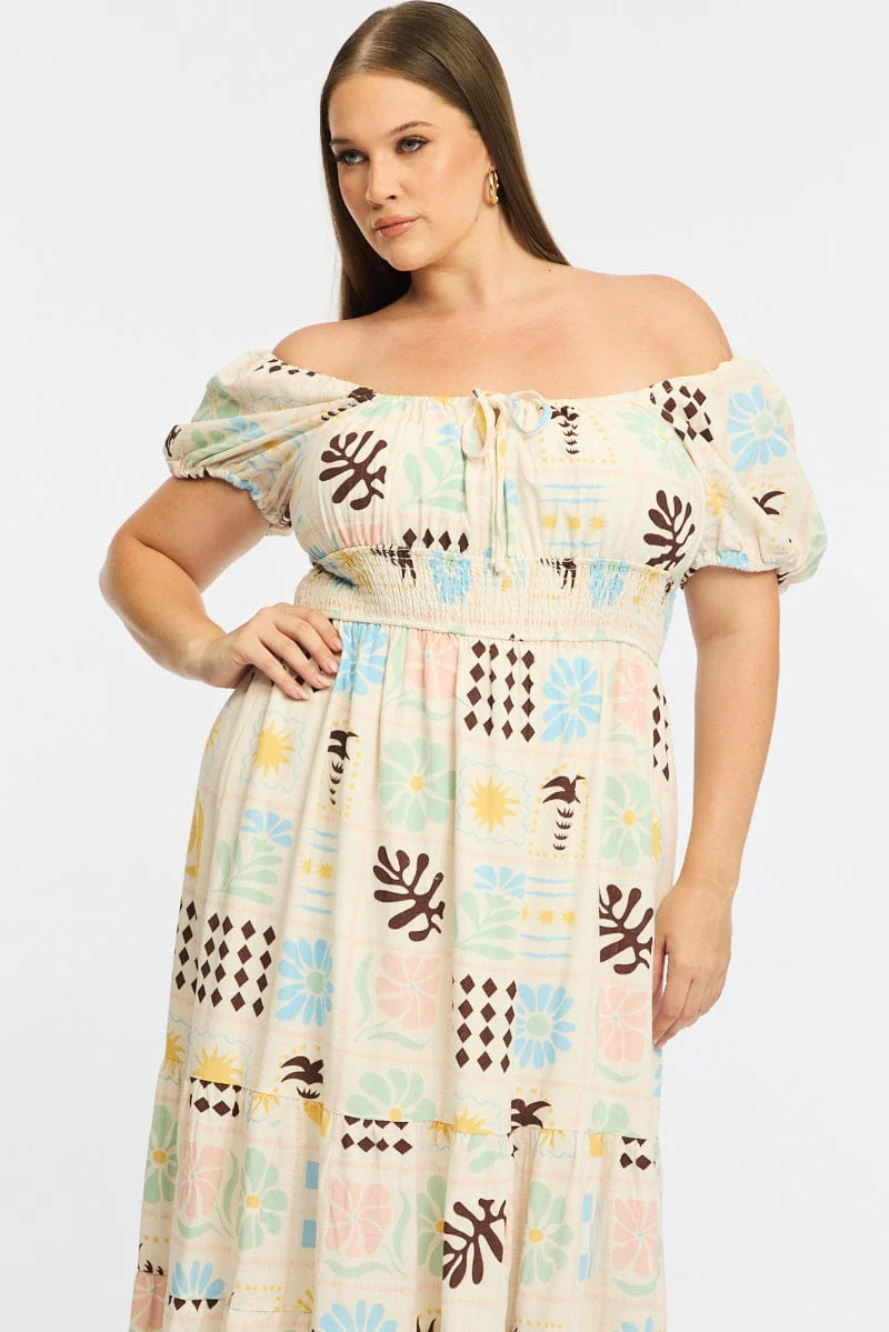 Multi Abstract Midi Dress Short Sleeve Linen Blend - Image 2