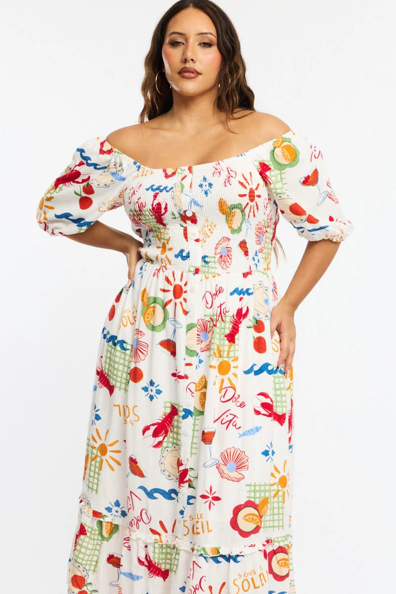 Multi Abstract Midi Dress Short Sleeve Tie Back Shirred - Image 2