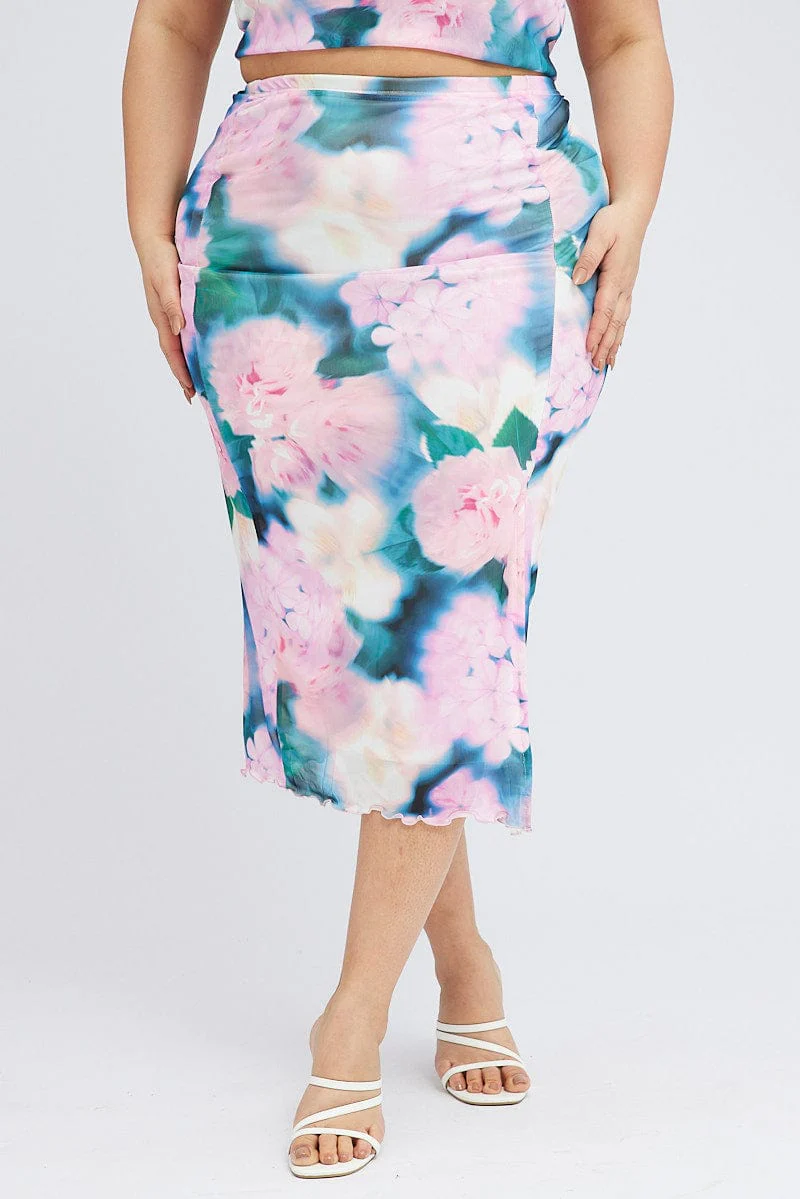 Multi Abstract Midi Skirt Bodycon Side Split - Image 2