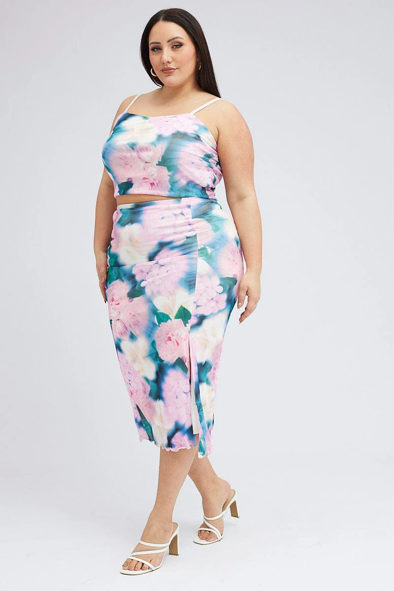 Multi Abstract Midi Skirt Bodycon Side Split - Image 3