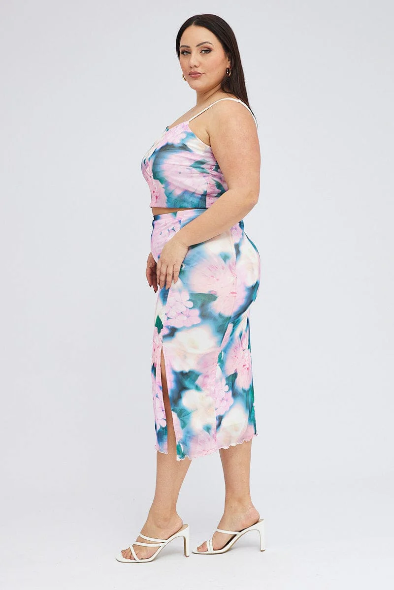 Multi Abstract Midi Skirt Bodycon Side Split - Image 4