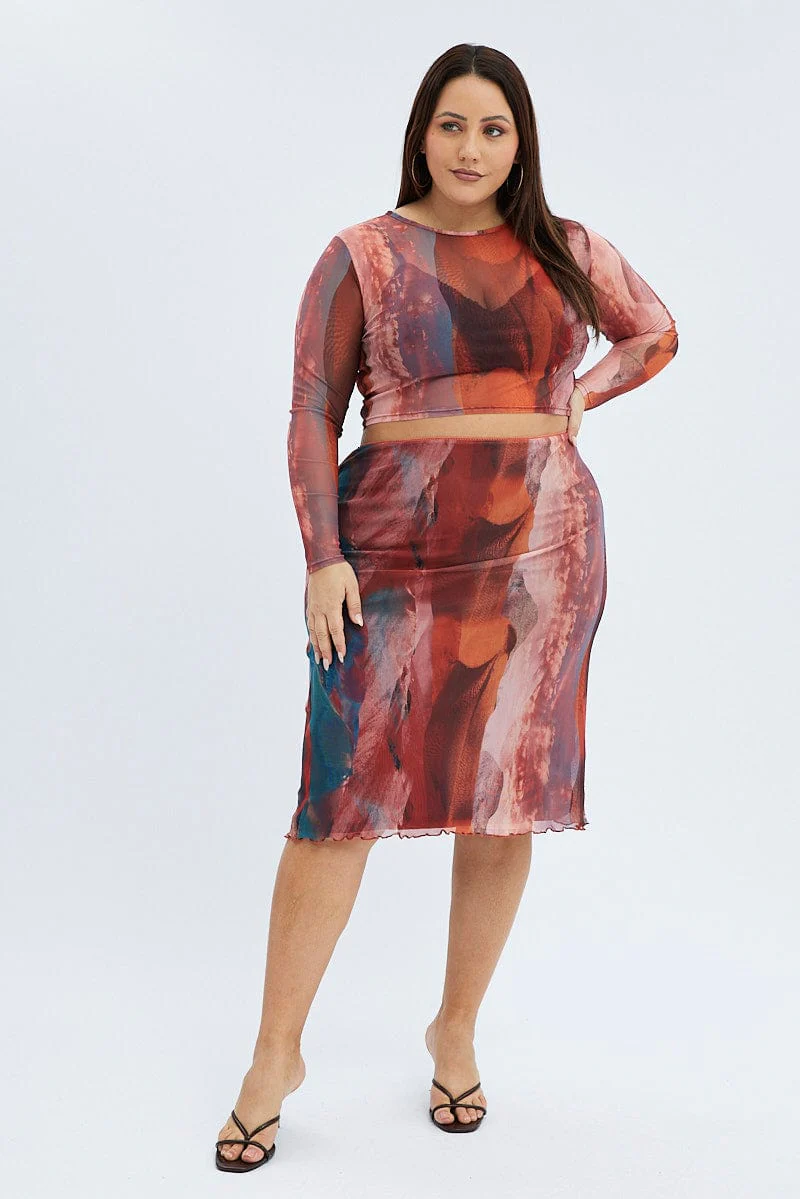 Multi Abstract Midi Skirt Mesh Landscape - Image 2