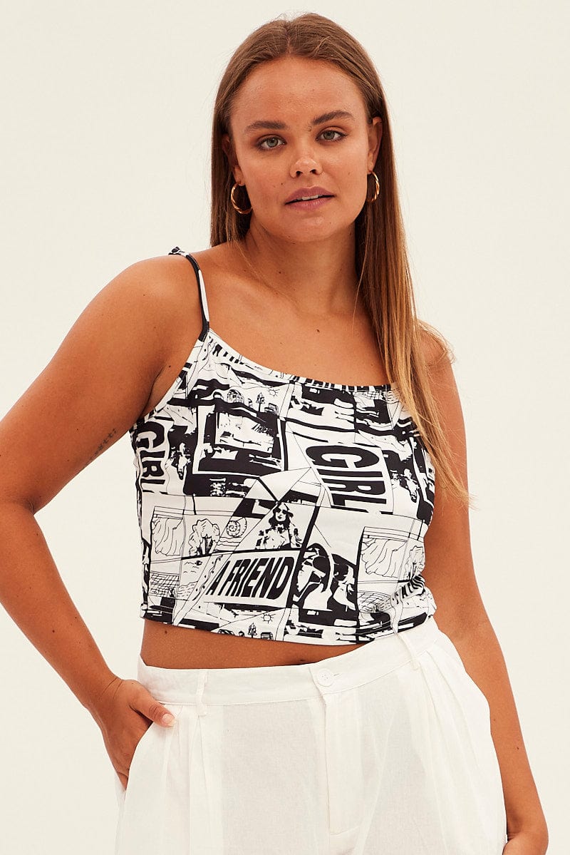 Multi Abstract Newsprint Top Shoestring Strap Crop Jersey - Image 3