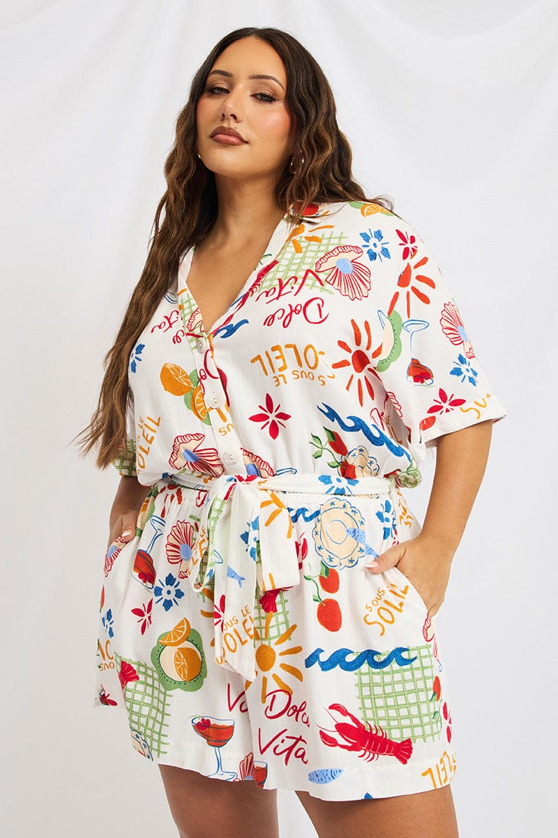 Multi Abstract Playsuit Short Sleeve Linen Blend