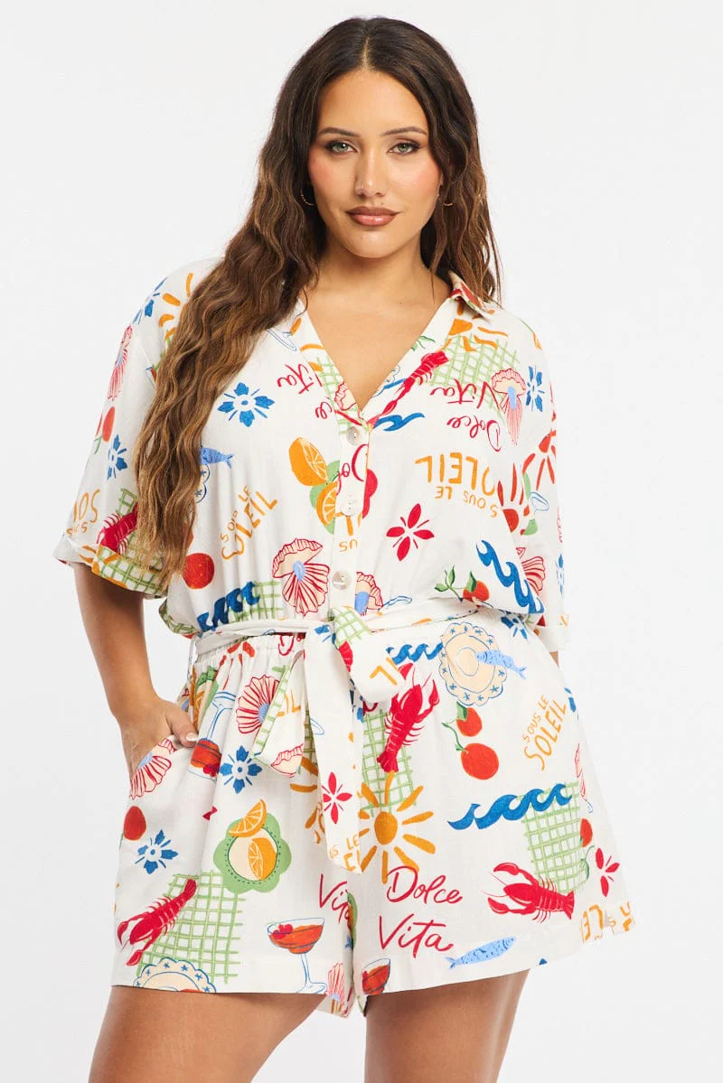 Multi Abstract Playsuit Short Sleeve Linen Blend - Image 2