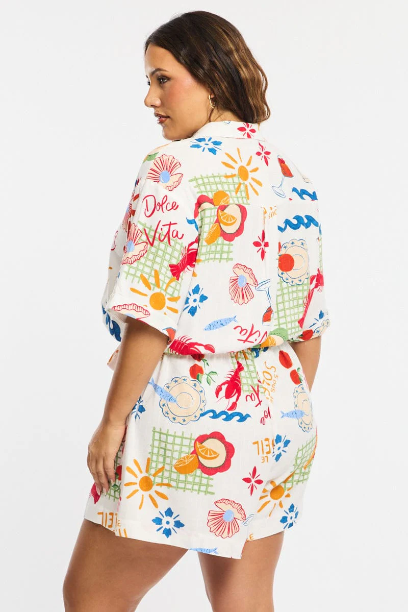 Multi Abstract Playsuit Short Sleeve Linen Blend - Image 5