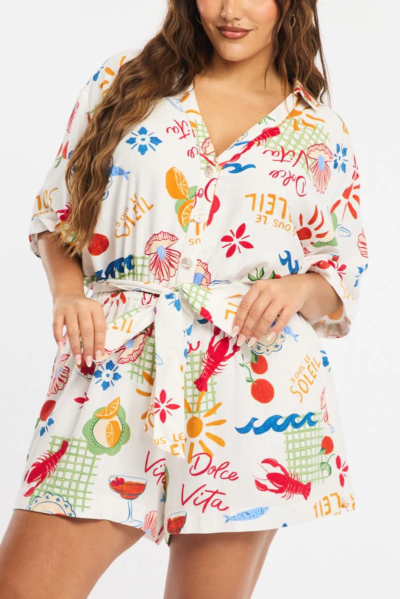 Multi Abstract Playsuit Short Sleeve Linen Blend - Image 6