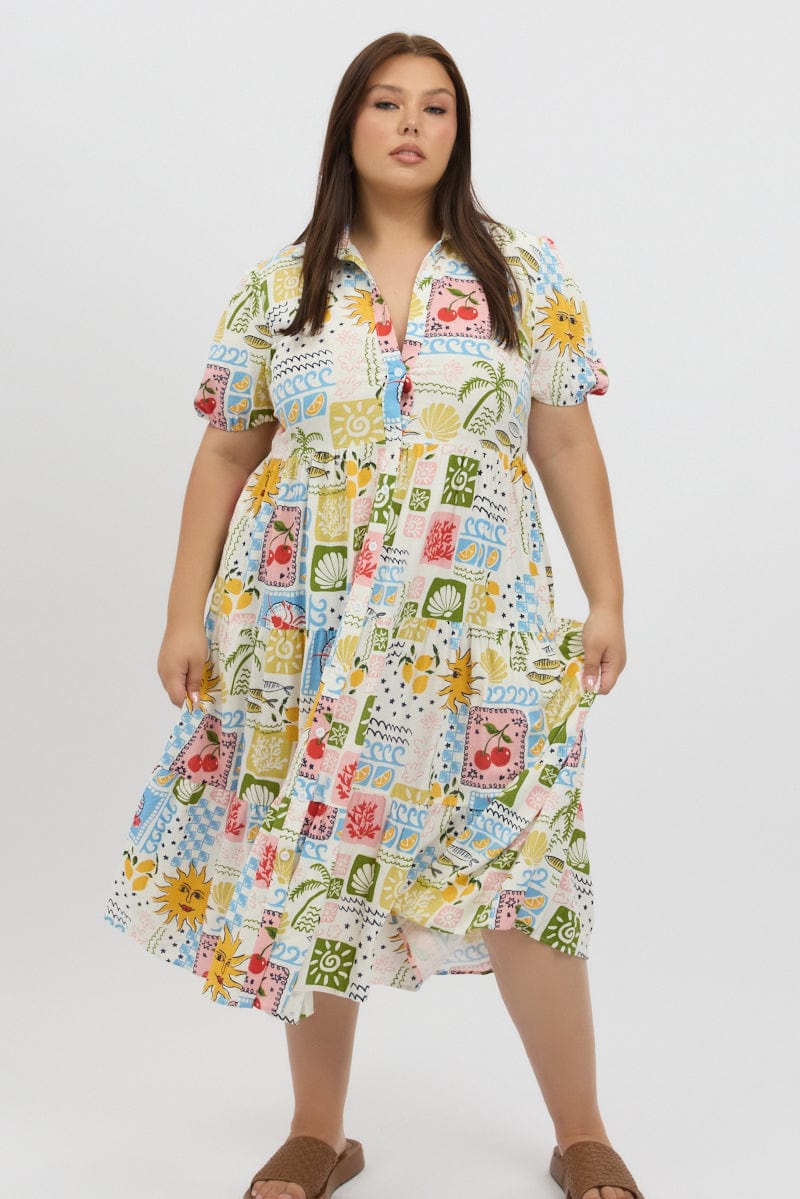 Multi Abstract Puff Sleeve Button Through Shirtdress - Image 3