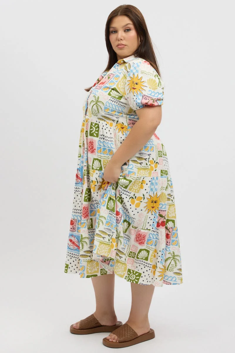 Multi Abstract Puff Sleeve Button Through Shirtdress - Image 4