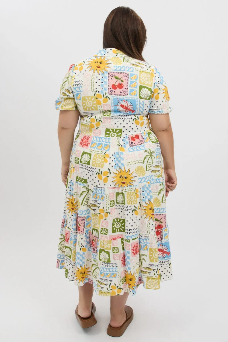 Multi Abstract Puff Sleeve Button Through Shirtdress - Image 5