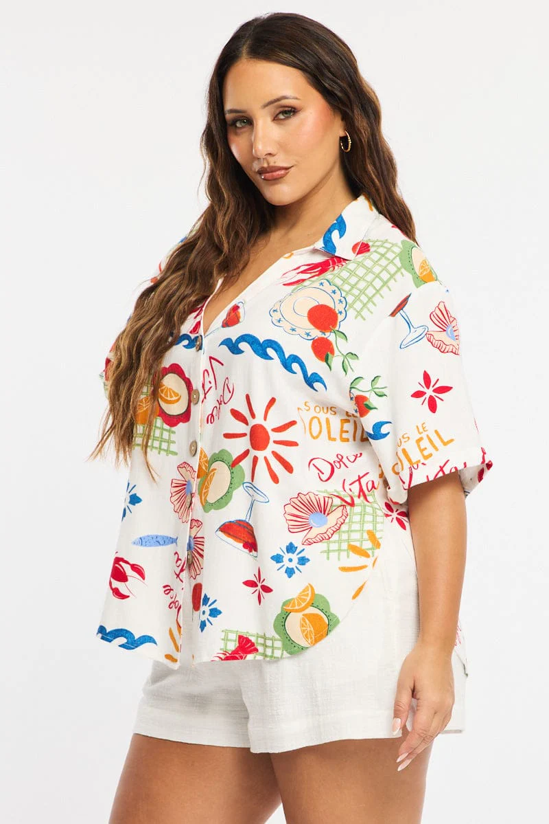 Multi Abstract Relaxed Shirt Short Sleeve Linen Blend - Image 4