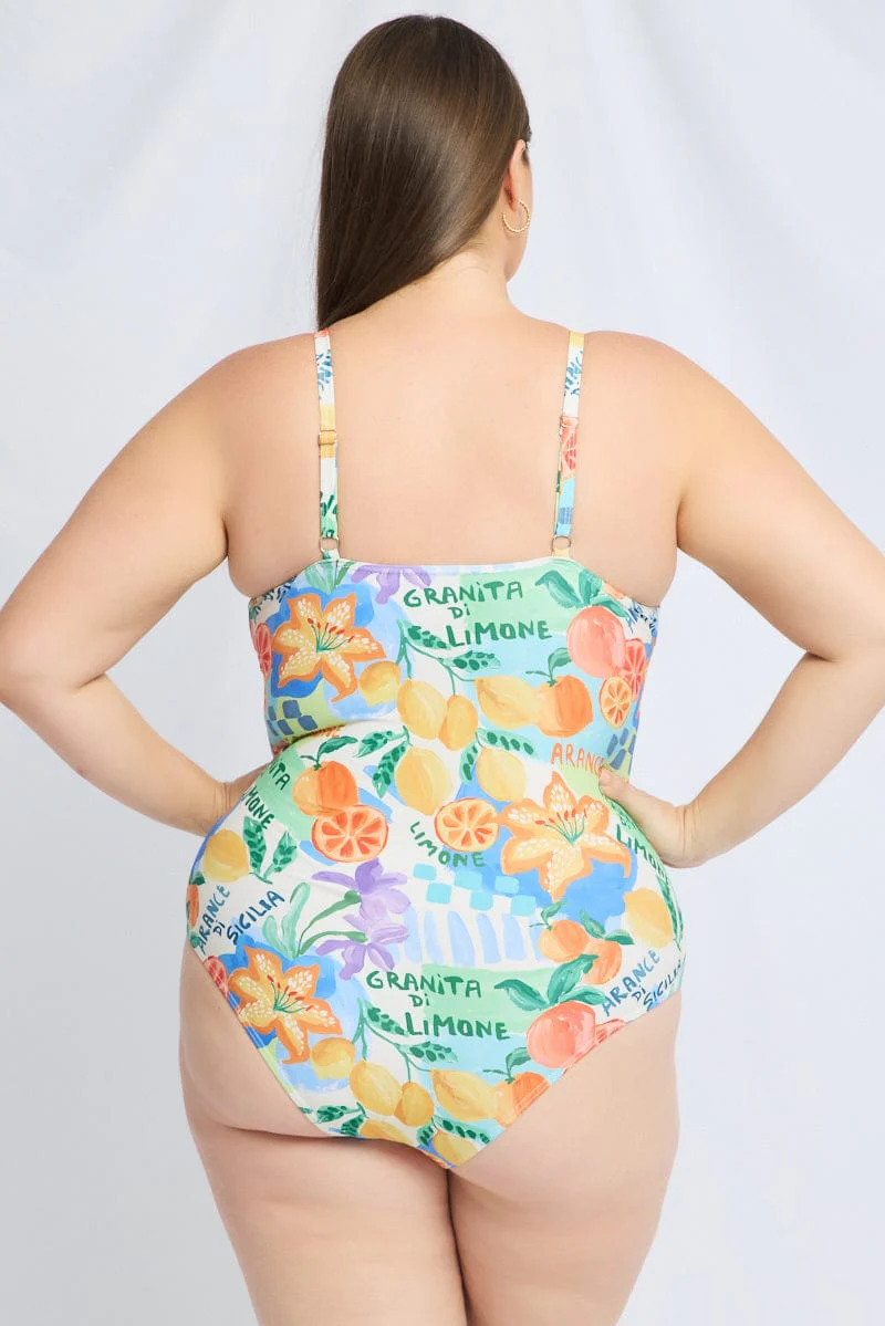 Multi Abstract Ruched Detail One Piece Swimsuit - Image 5