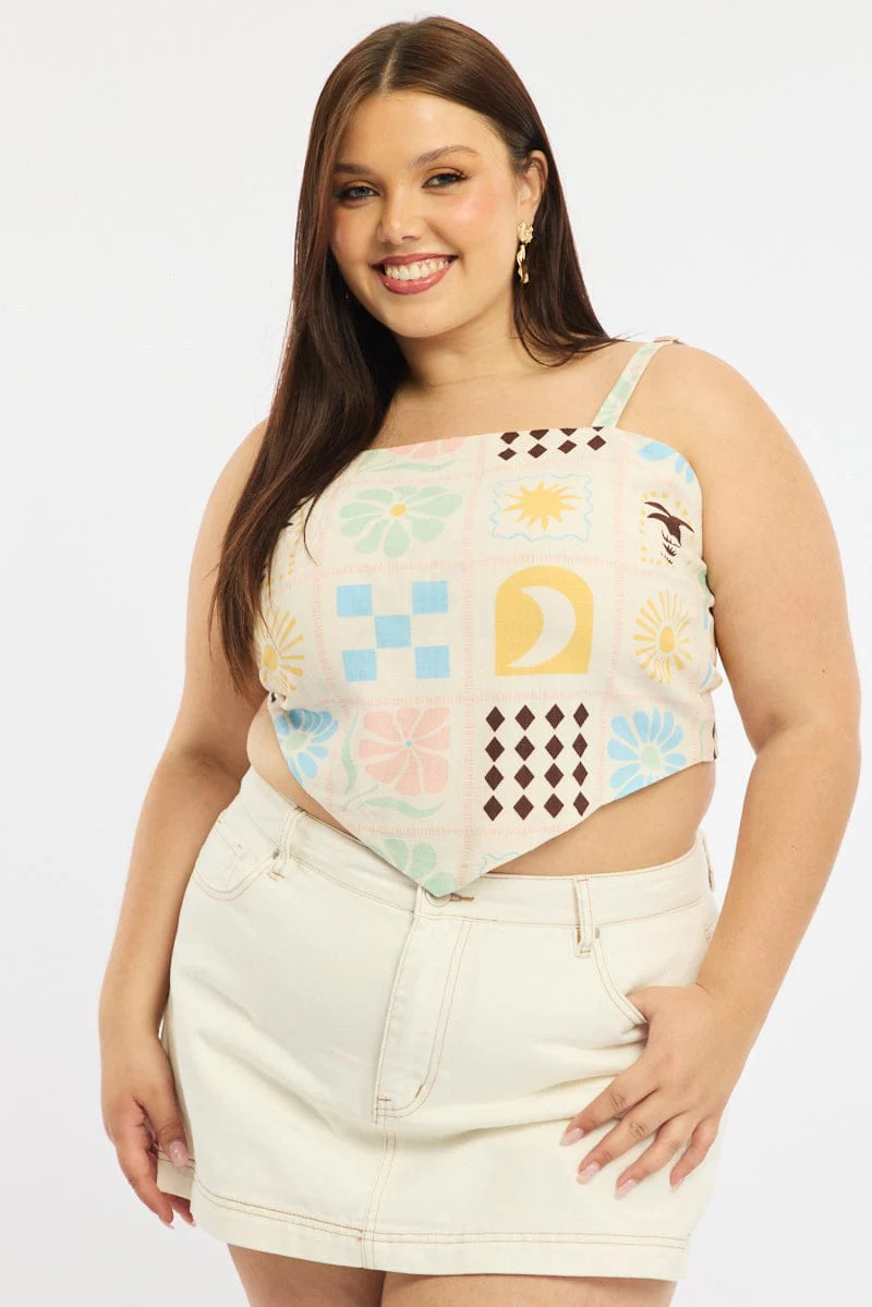 Multi Abstract Scarf Top Sleeveless Tie Back