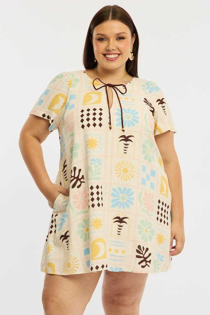 Multi Abstract Smock Dress Short Sleeve Linen Blend