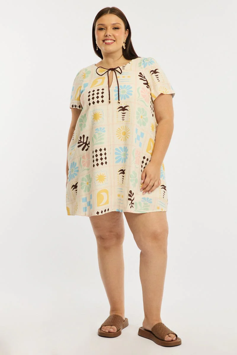 Multi Abstract Smock Dress Short Sleeve Linen Blend - Image 2