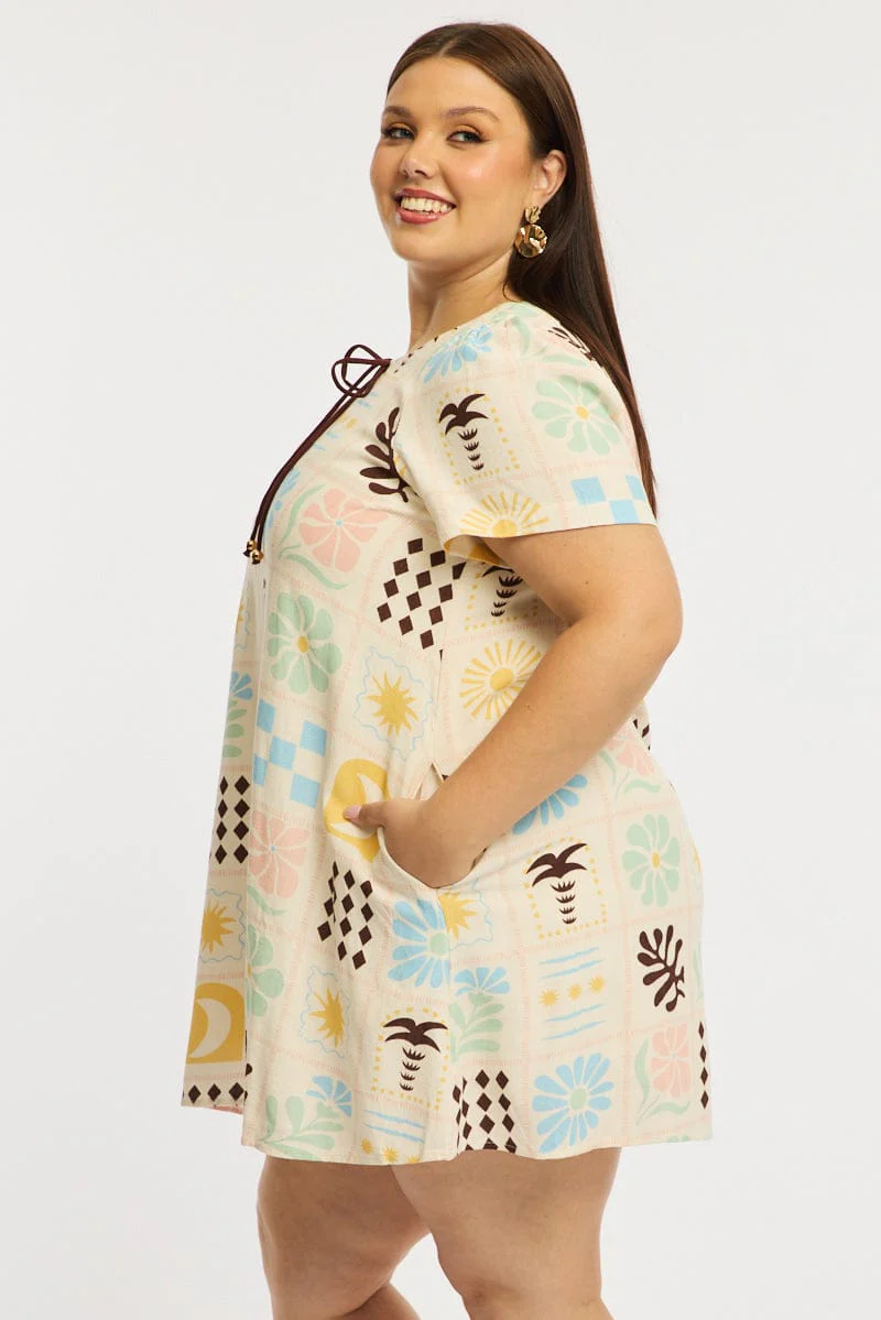 Multi Abstract Smock Dress Short Sleeve Linen Blend - Image 3