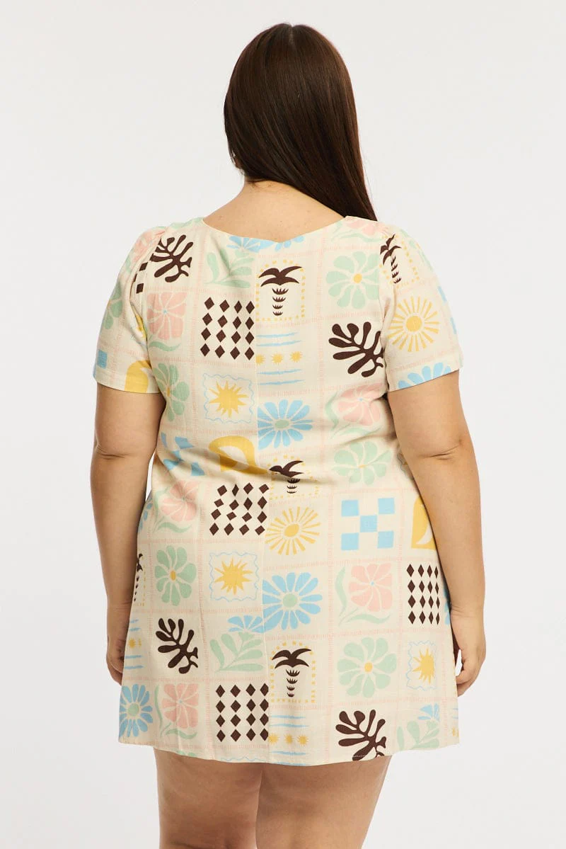Multi Abstract Smock Dress Short Sleeve Linen Blend - Image 4