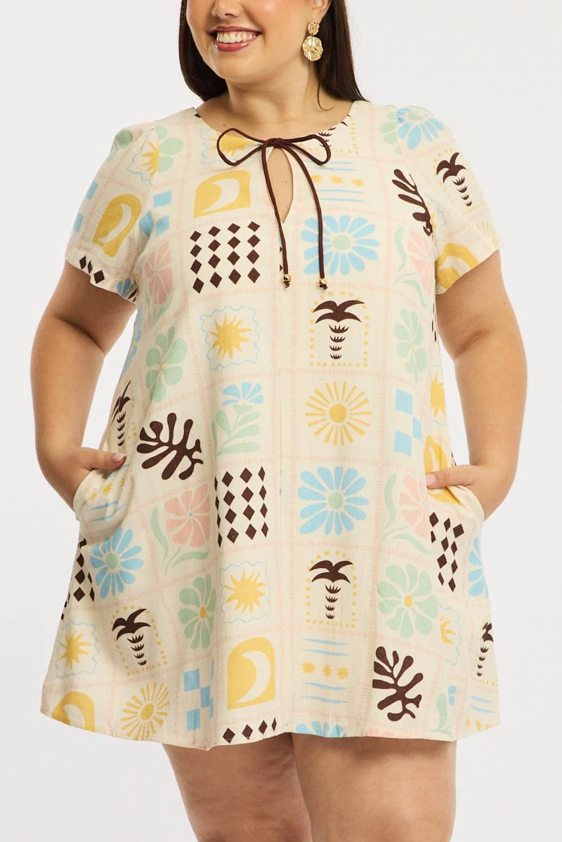 Multi Abstract Smock Dress Short Sleeve Linen Blend - Image 5