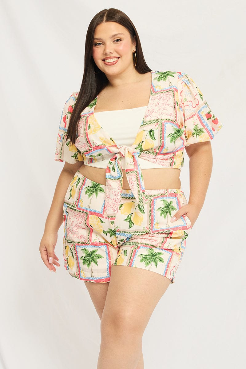 Multi Abstract Tie Up Bolero Short Sleeve