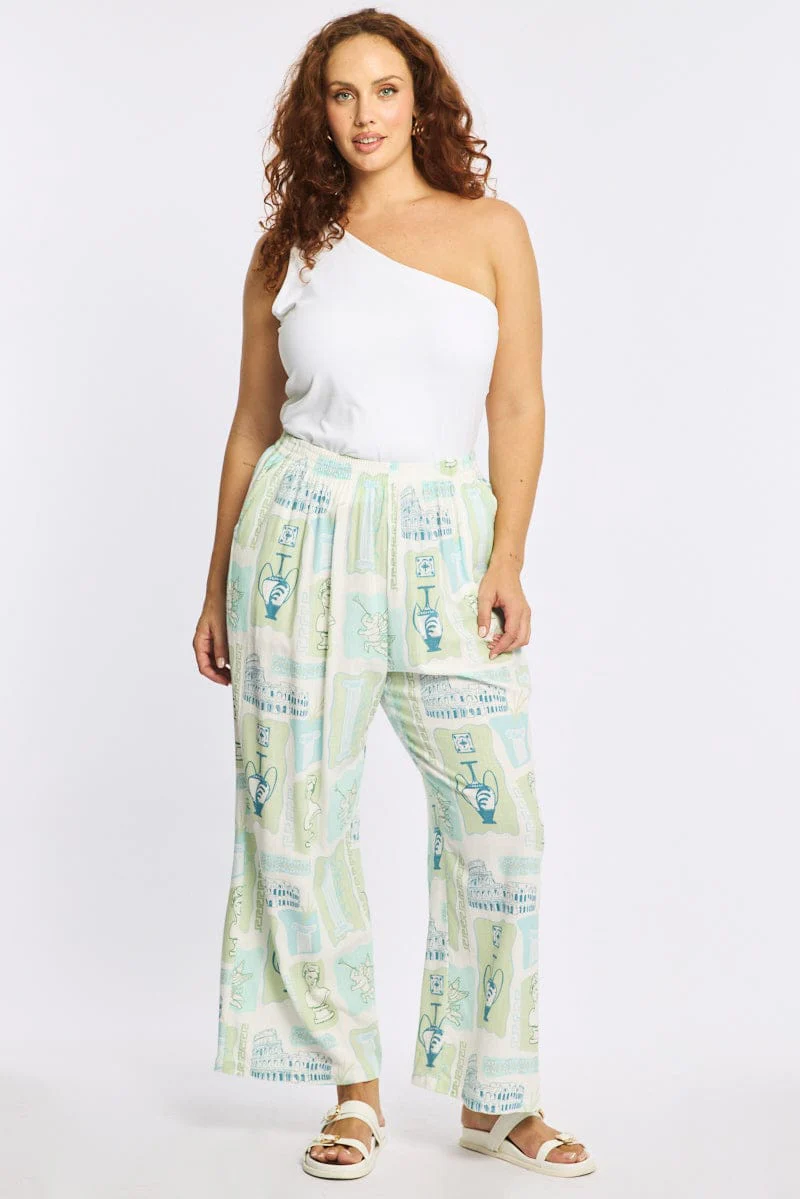 Multi Abstract Wide Leg Pants Elastic Waist