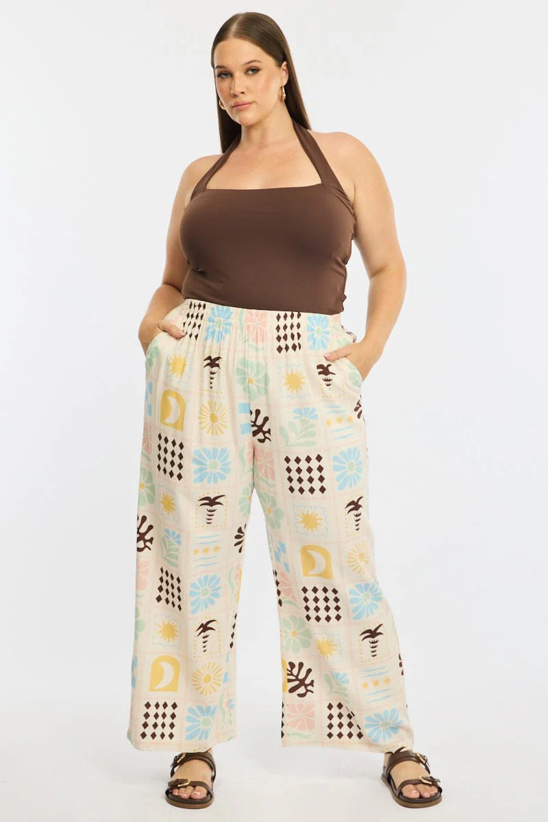 Multi Abstract Wide Leg Pants Elastic Waist