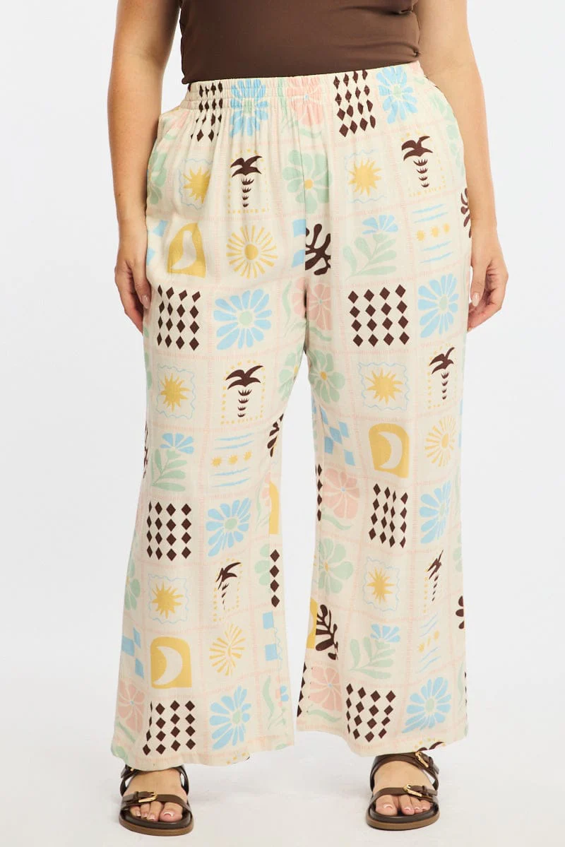 Multi Abstract Wide Leg Pants Elastic Waist - Image 2