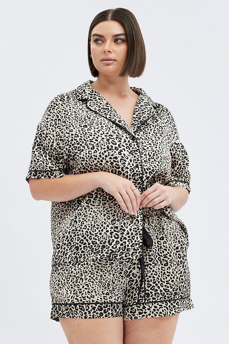 Multi Animal Print Leopard Pj Satin Set Piping Button Pyjama - Image 3