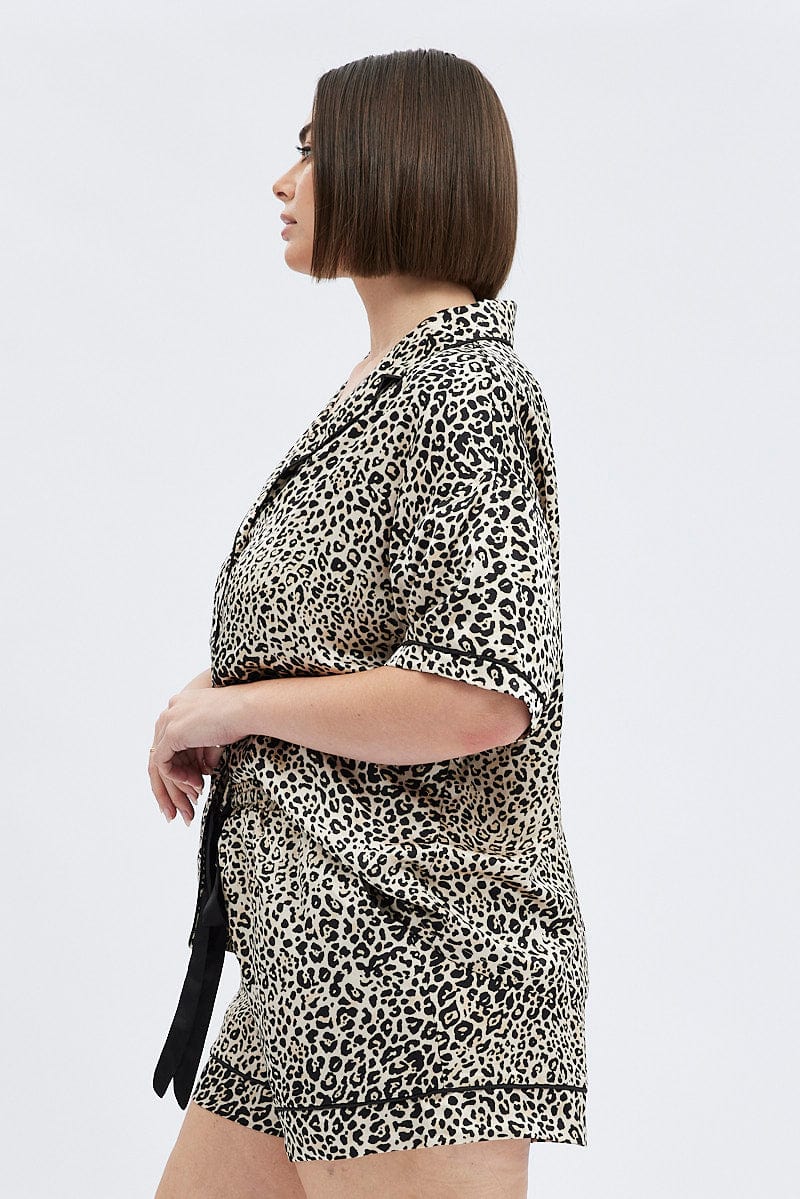 Multi Animal Print Leopard Pj Satin Set Piping Button Pyjama - Image 4
