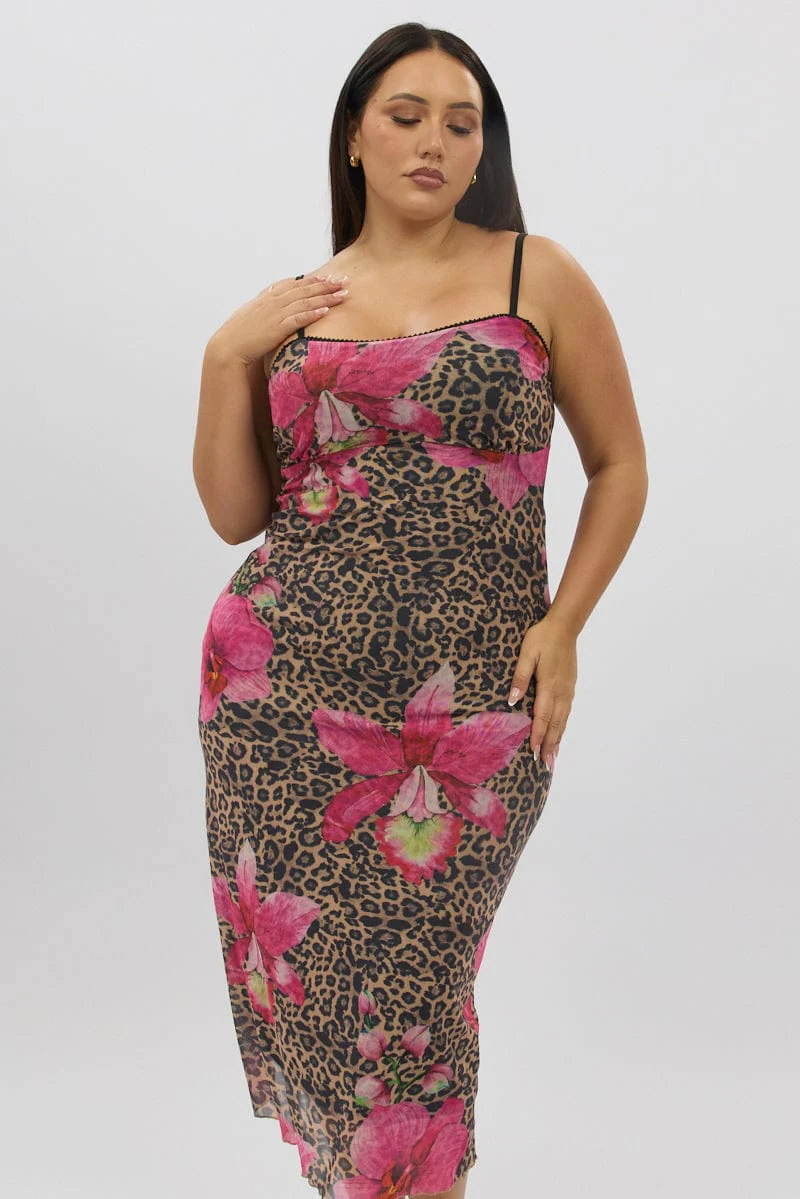 Multi Animal Print Mesh Leopard And Floral Bodycon Trim Dress - Image 3