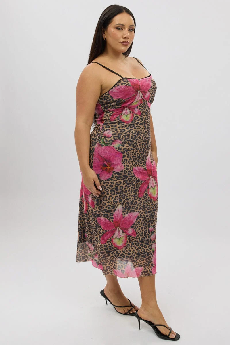 Multi Animal Print Mesh Leopard And Floral Bodycon Trim Dress - Image 4
