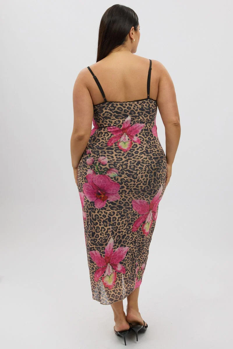 Multi Animal Print Mesh Leopard And Floral Bodycon Trim Dress - Image 5